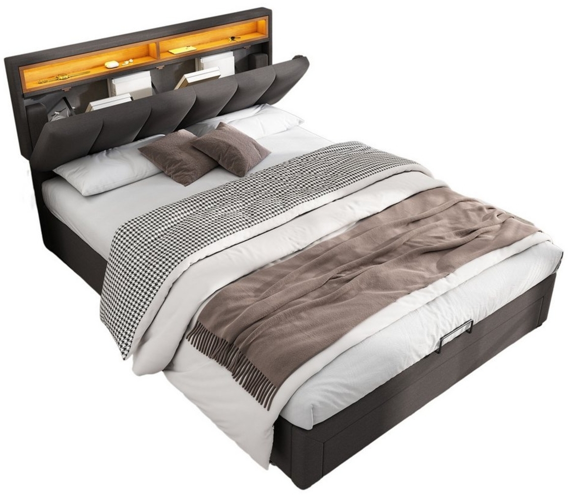 BlingBin Polsterbett Doppelbett mit LED-Beleuchtung Stauraumbett Jugendbett (1er Set, 1-tlg, Hydraulisch Stauraumbett mit Bettkasten, Schubladen und Staufächer), Verstaubares Kopfteil aus Schaum, Leinen,140*200 cm,grau Bild 1