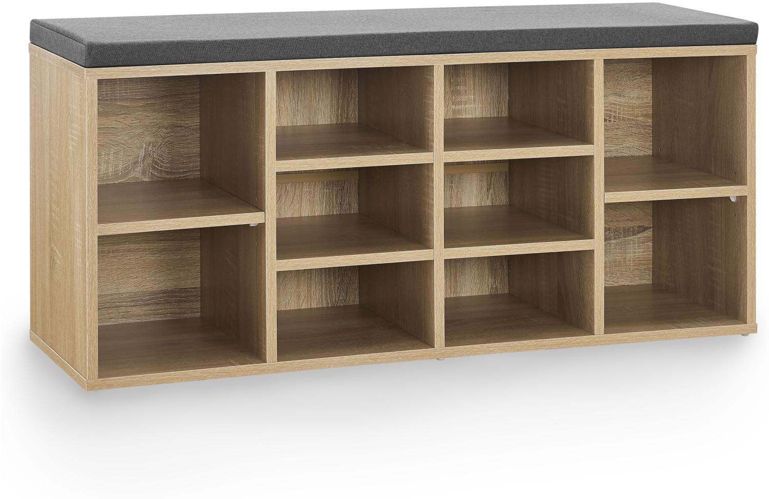 Juskys Schuhregal Holz mit Polsterung, Stoff & 10 Fächern höhenverstellbar 104x30x48 cm - Regal mit Sitzbank bis 150 kg – Holzoptik / Grau Bild 1