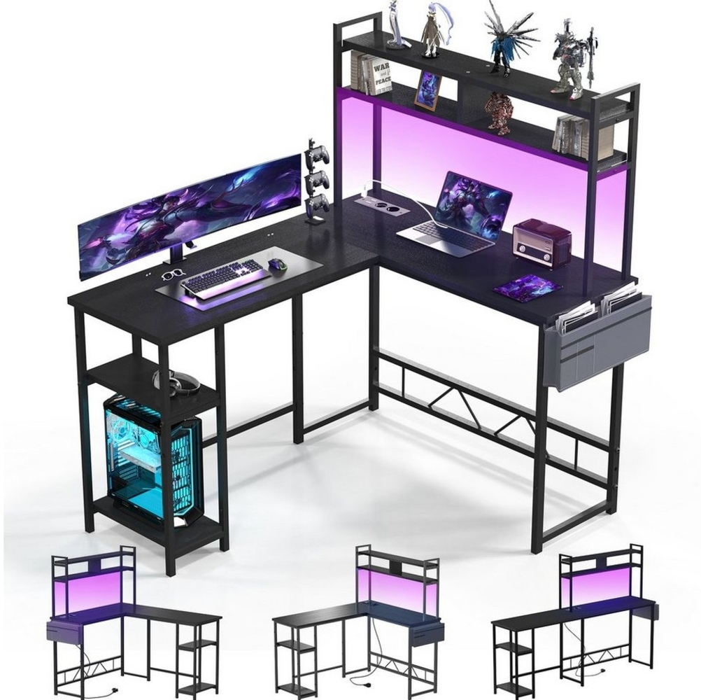 HOMALL Gamingtisch Schreibtisch mit LED und USB L-förmiger Ecktisch 140 * 120cm Bild 1