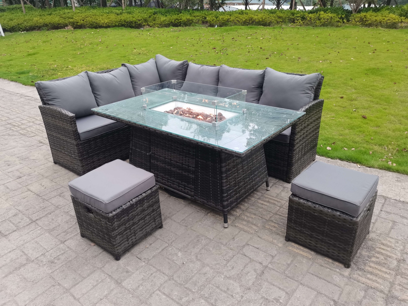 Fimous Hoher Rücken Gartenmöbel-Set Sofa Gas Feuertisch Gasheizung Esstisch Sets 8 Sitzer 2 kleine Fußhockern Bild 1