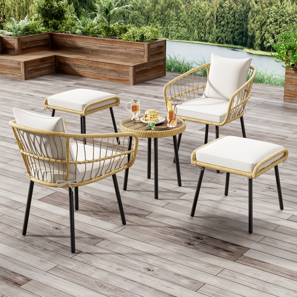 Merax Rattan Gartenlounge-Set Gartenmöbelset 2-4 Personen, Gartenstuhl mit Hocker, Balkonmöbel Terassenmöbel 5-tlg. mit Gartentisch, Holzweiß und Natur Bild 1