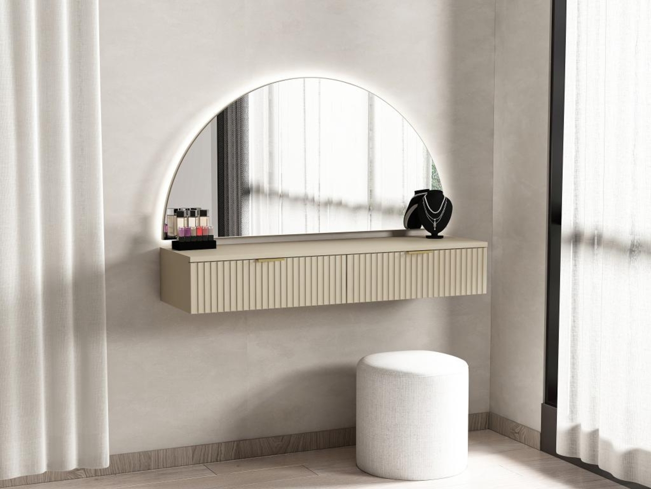 Vente-unique - Frisiertisch hängend mit Spiegel & LED-Beleuchtung - 2 Schubladen - Beige - FRALYN von Pascal Morabito Bild 1