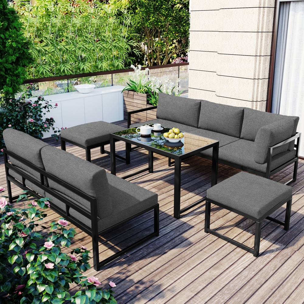 Merax Garten Loungesessel Set, Aluminium Sitzgruppe für Gartenbalkon, mit Liegefunktion, 4-fach verstellbarer Rückenlehne, inkl. weicher Sitz- und Rückenpolster, grau Bild 1