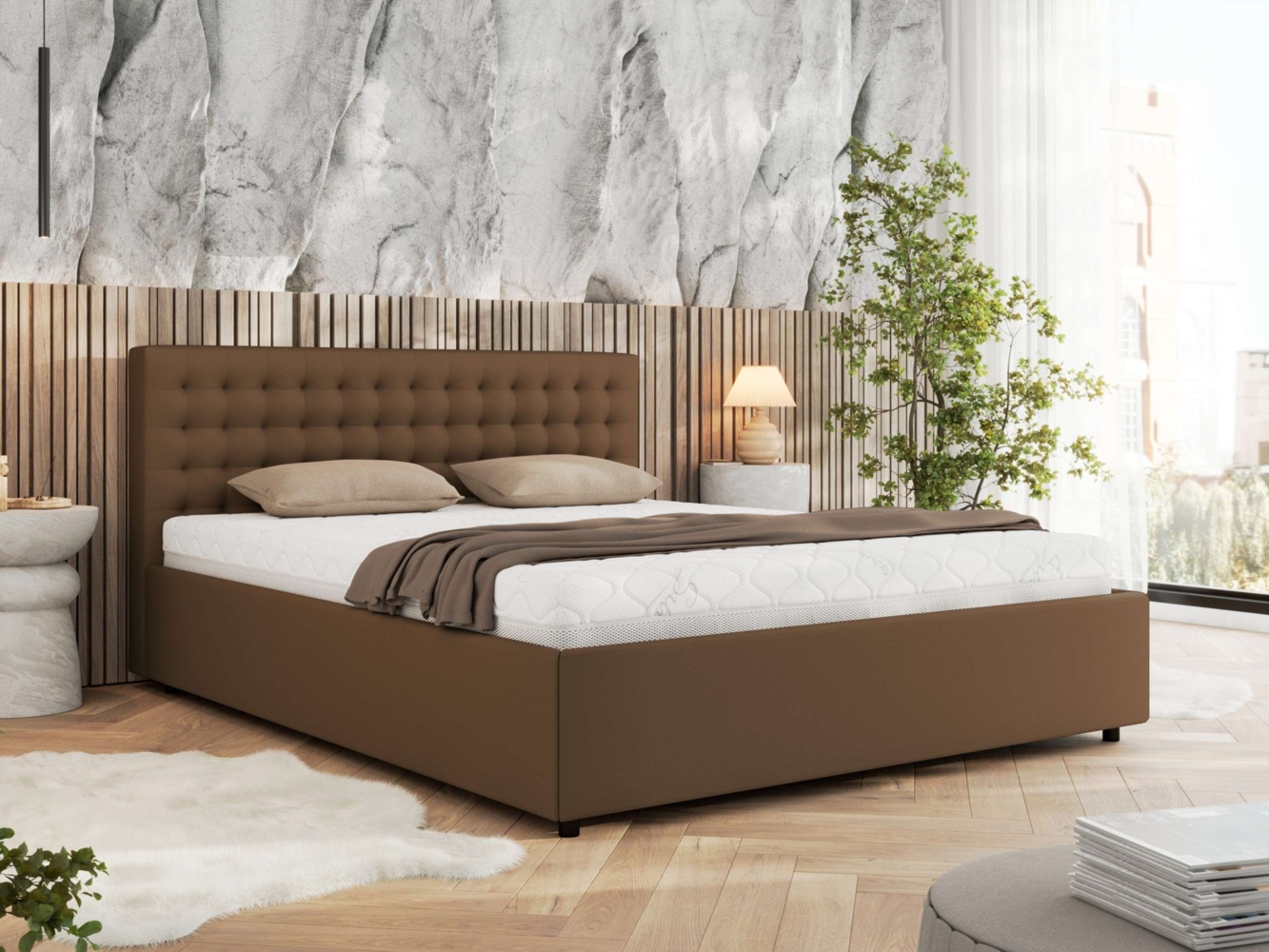 Polsterbett mit Holzlattenrost Doppelbett PAVO CLASSIC, hohe Kopfteil, Bettkasten mit Gasdruckfeder Foam Matratze - 200x200 cm - Braun Kunstleder - MIRO LUX Bild 1