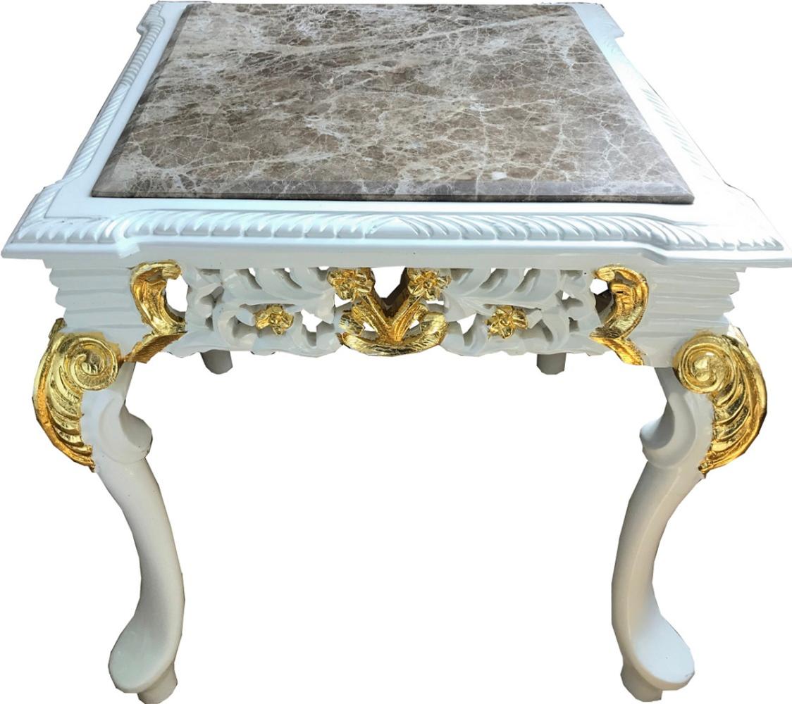 Casa Padrino Beistelltisch Barock Beistelltisch Weiß / Gold / Grau - Handgefertigter Massivholz Tisch mit Marmorplatte - Barock Möbel Bild 1