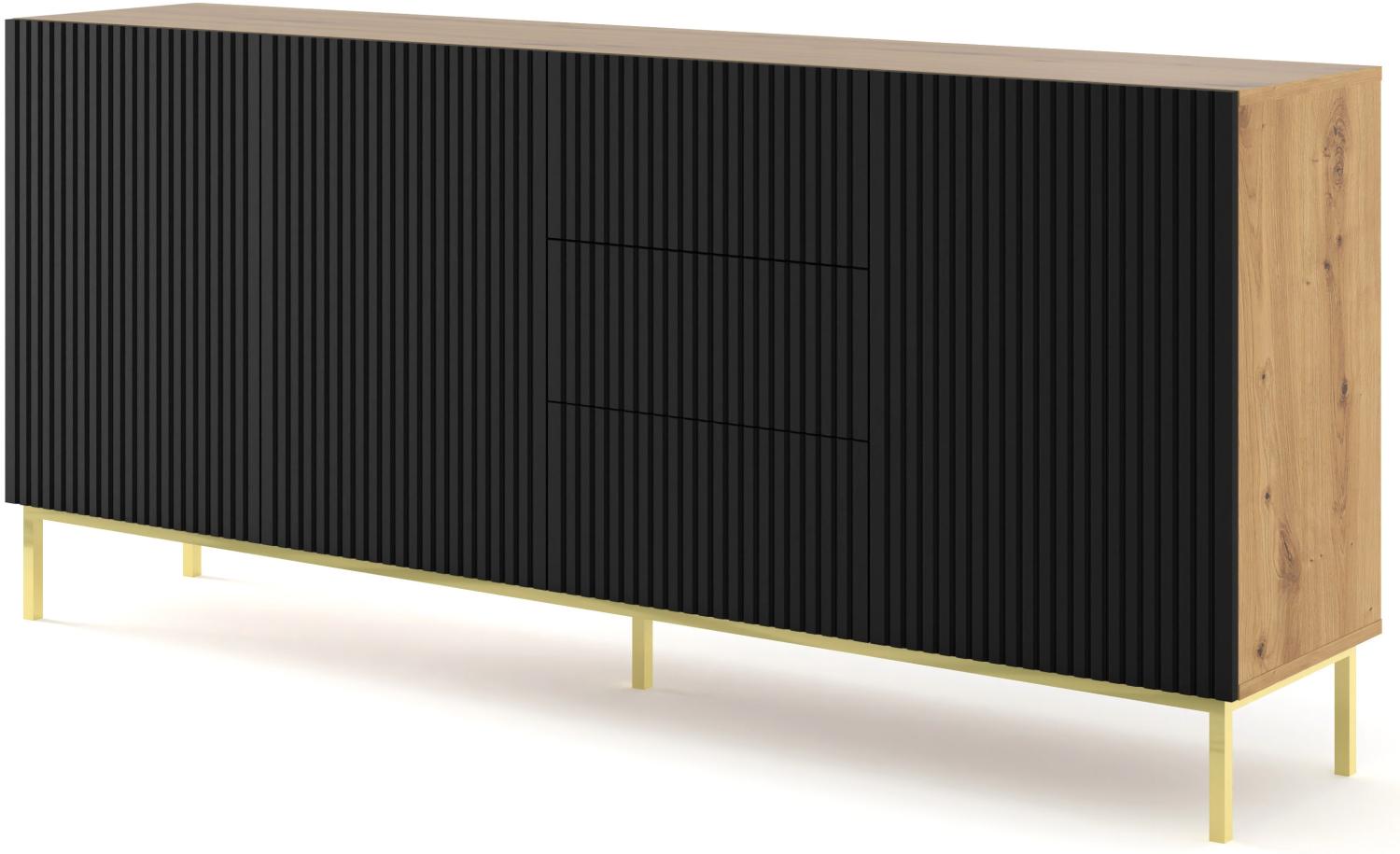 Domando Sideboard Moneglia M2 Klassisch Breite 200cm, Push-to-open-Funktion, besondere Fräsoptik, goldenes Gestell in Artisan Eiche Schwarz Matt und Goldgestell Bild 1