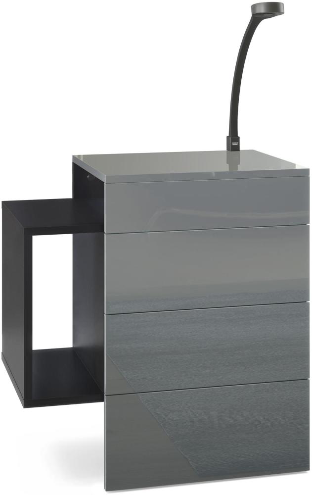Vladon Nachttisch Queens, Nachttischschrank mit 2 Schubladen und 1 seitlichem Fach zur Wandmontage, Schwarz matt/Grau Hochglanz, inkl. LED Flexi Lampe schwarz (60 x 63 x 36 cm) Bild 1