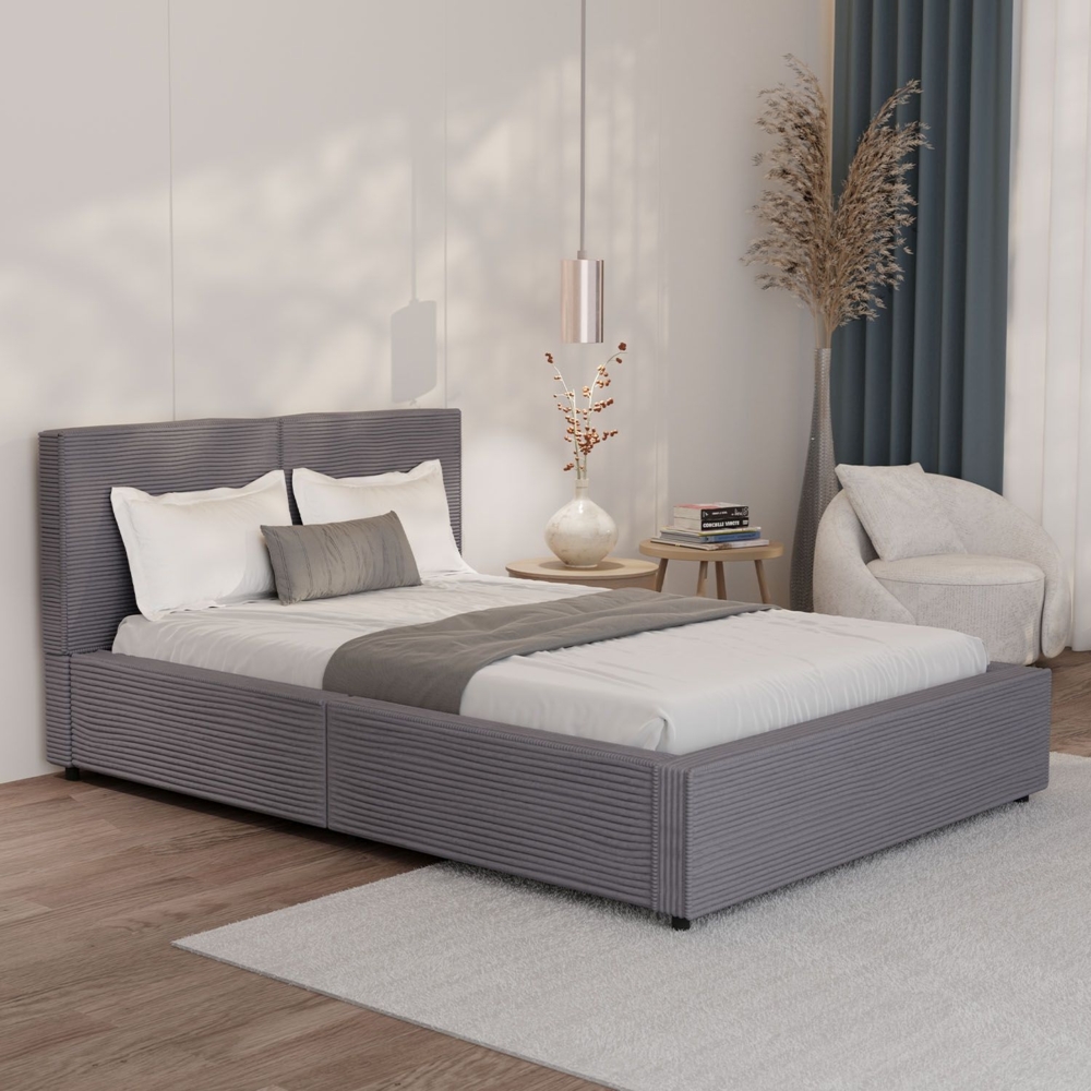 Juskys Polsterbett Salerno 140 x 200 cm – Cord Grau, modernes Bett mit Kopf- & Fußteil, stabilem Holz- & Metallrahmen, Lattenrost, 500 kg Tragkraft Bild 1