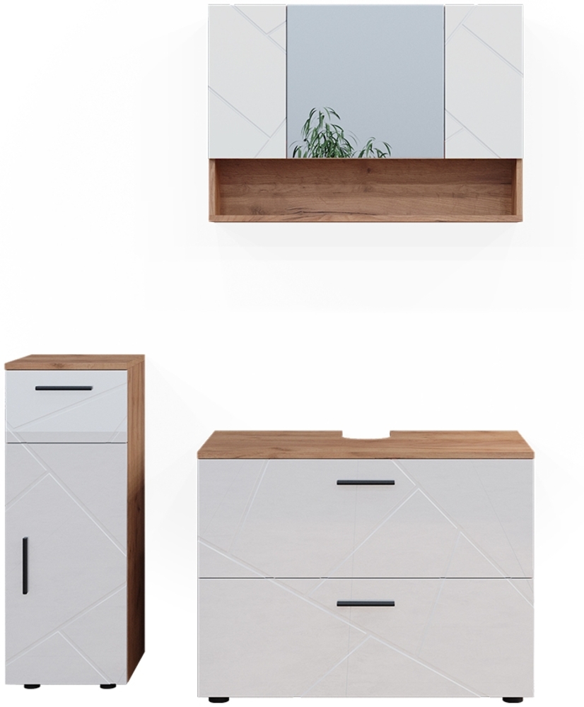 Badmöbel-Set Irma Weiß Hochglanz/Goldkraft Eiche 3 Teile, mit Schubladenschrank und Midischrank Vicco Bild 1