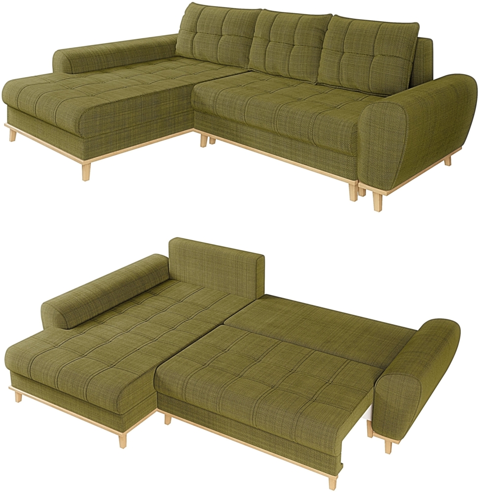 ECKSOFA Scandi-Stil, Schlaffunktion, Bettkasten, B268/T175/H86 cm, Ottomane links, Liegefl. 128x209 cm, Bouclé Chenille Stoff Grün Bild 1