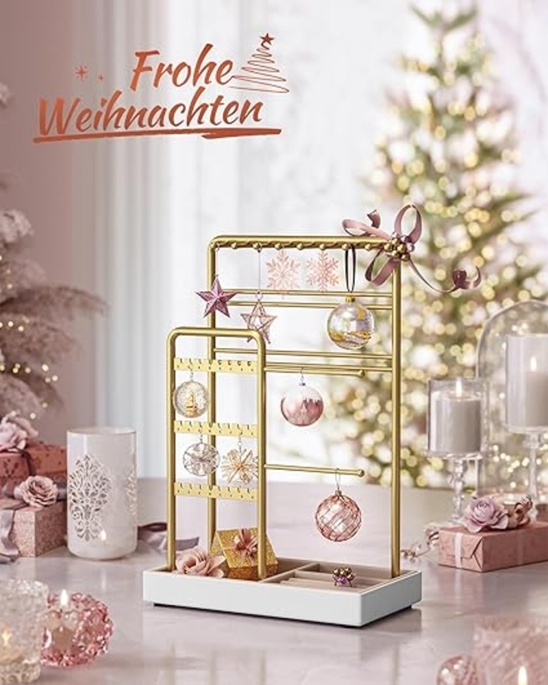 SONGMICS Schmuckständer, Schmuckhalter, Metallrahmen, Schmucktablett Samt, Schmuckaufbewahrung für Halsketten Armbänder Ohrringe Ohrstecker Ringe, Geschenkidee, Weihnachten, goldfarben JJSDE021A01V1 Bild 1