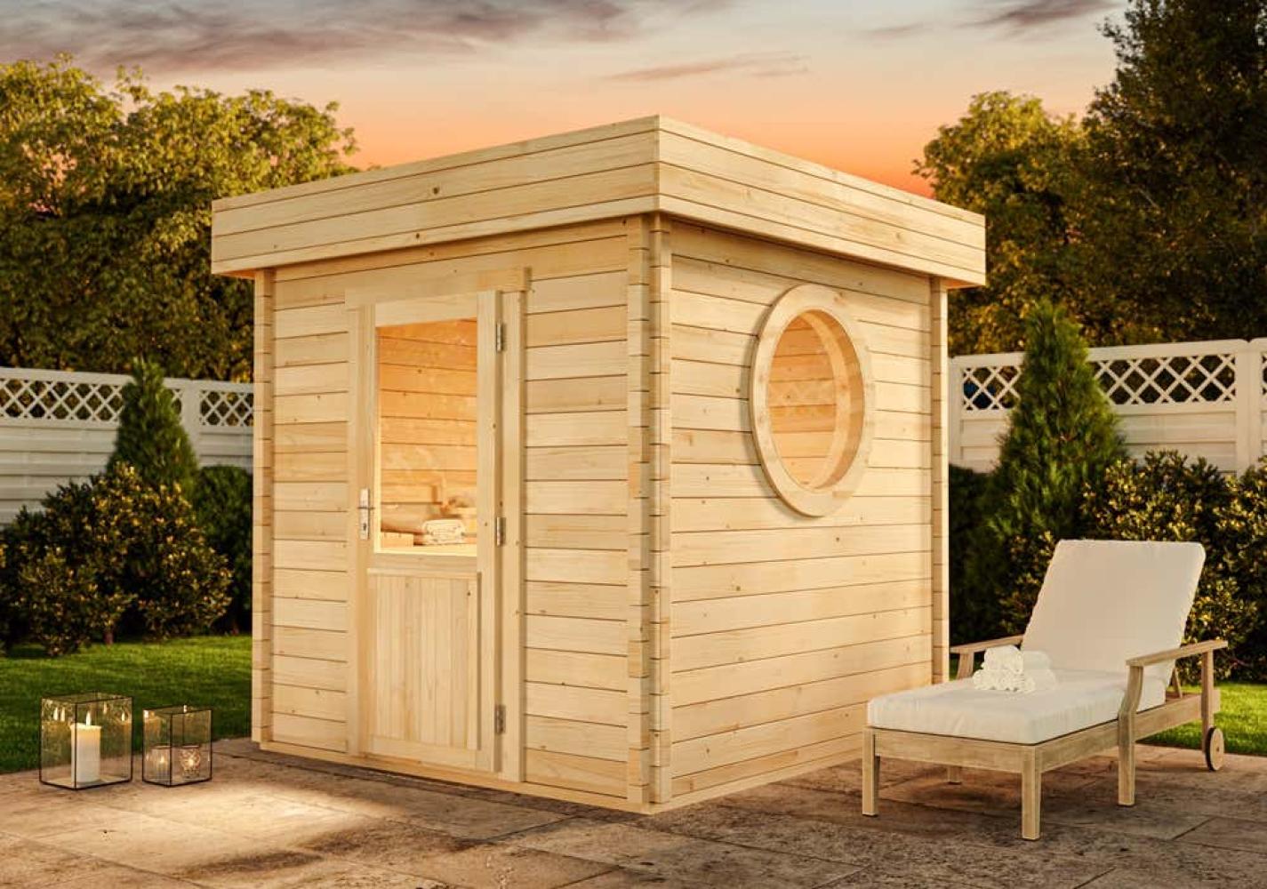 FinnTherm 'Cubus-70 A' Gartensauna mit 3 Sitzbänken, Holz natur, 263 x 264 x 264 cm Bild 1