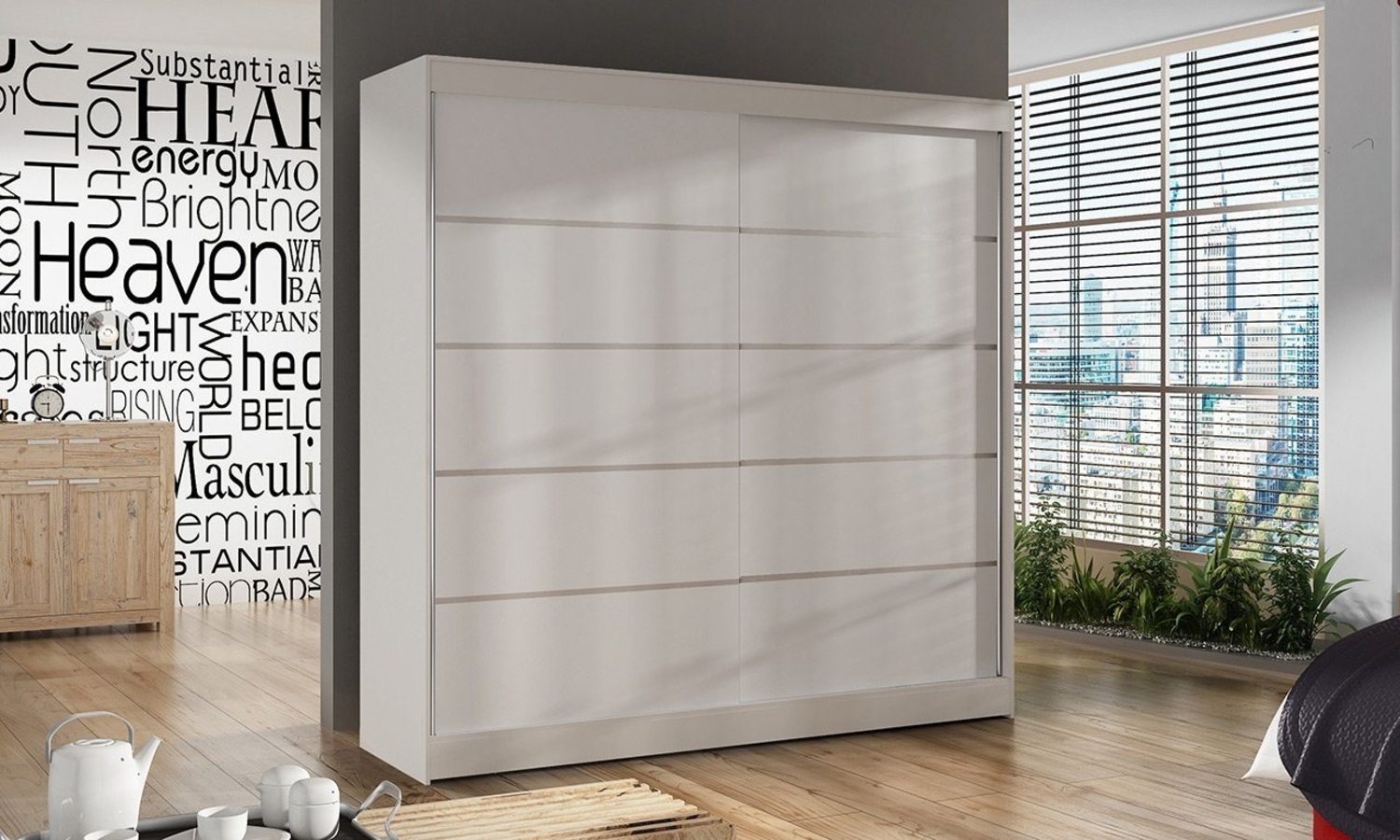 Sofnet Kleiderschrank Basti IV (mit Schiebetüren und Kleiderstange) Schwebetürenschrank mit 2 Türen, Schiebetürenschrank - 200x215x58 cm Bild 1