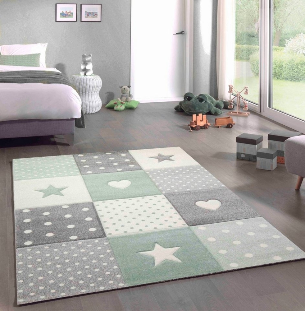 Carpetia Kinderteppich Kinderteppich Kinderzimmer Punkte Herz Stern Design grün grau creme, rechteckig, Höhe: 13 mm Bild 1