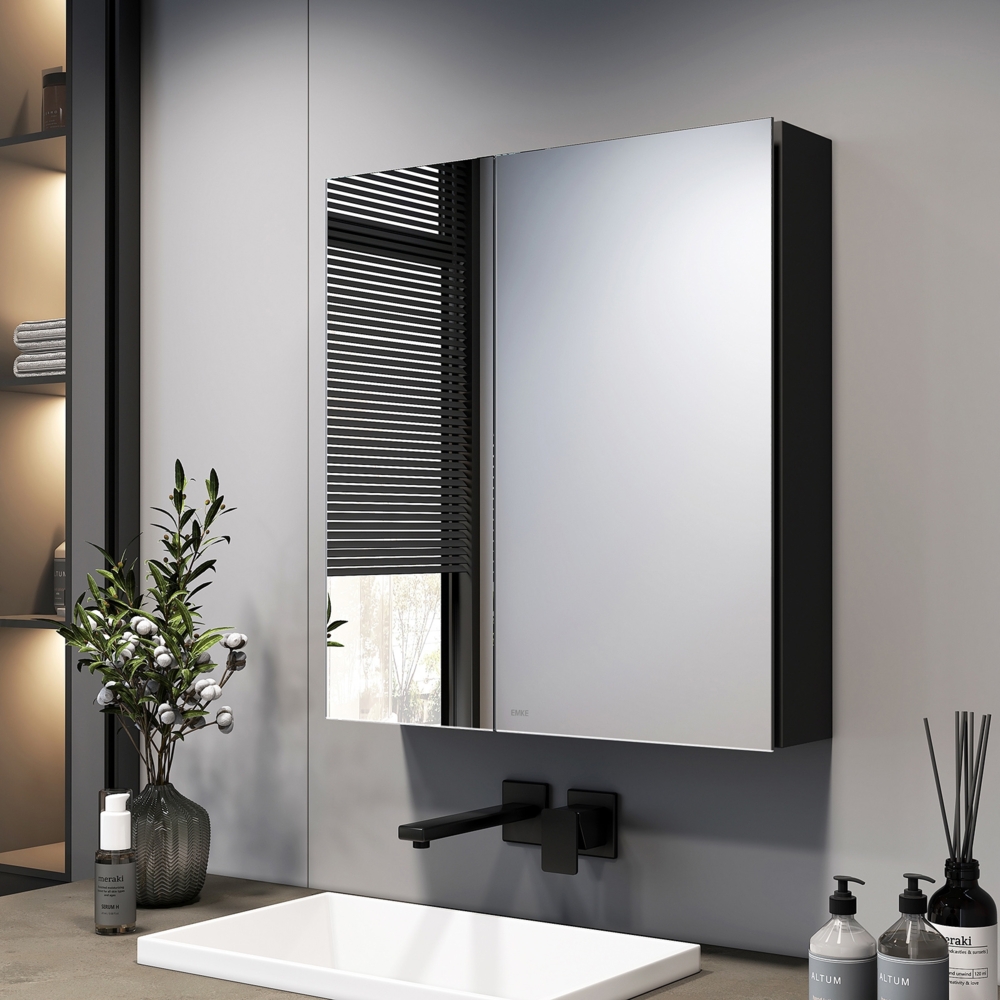 EMKE Spiegelschränke 60x65cm Spiegelschrank Badschrank mit Doppelseitiger Spiegel (Schwarz) Bild 1