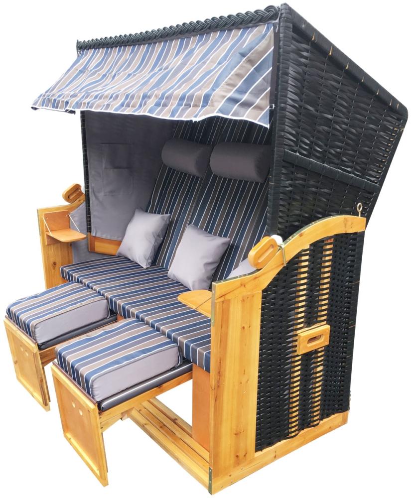 BRAST Strandkorb Ostsee 3-Sitzer 165cm breit Braun Blau gestreift XXL Volllieger inkl. Schutzhülle Gartenliege Sonneninsel Poly-Rattan Bild 1