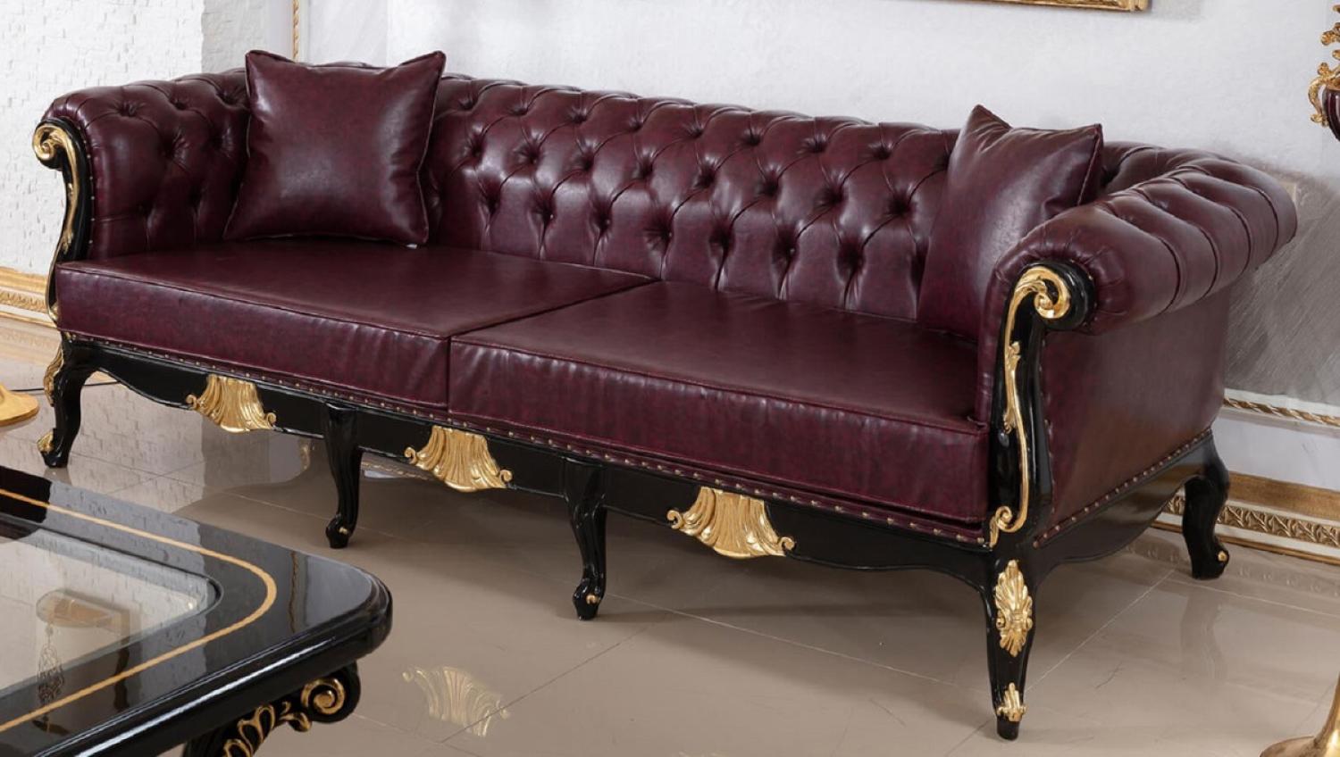 Casa Padrino Luxus Barock Chesterfield Sofa Bordeauxrot / Schwarz / Gold - Prunkvolles Wohnzimmer Sofa mit edlem Kunstleder - Barock Chesterfield Wohnzimmer Möbel Bild 1