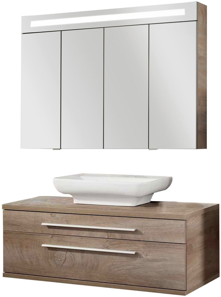 Fackelmann STANFORD Badmöbel Set 3-teilig,110 cm breit, Braun, Keramikbecken + Spiegelschrank Bild 1