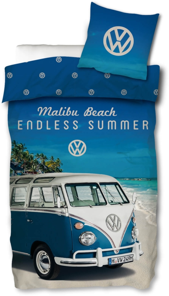 Skybrands Volkswagen Bettwäsche VW Bulli Blau Malibu Beach Renforcé 135 x 200 + 80 x 80 cm Bild 1