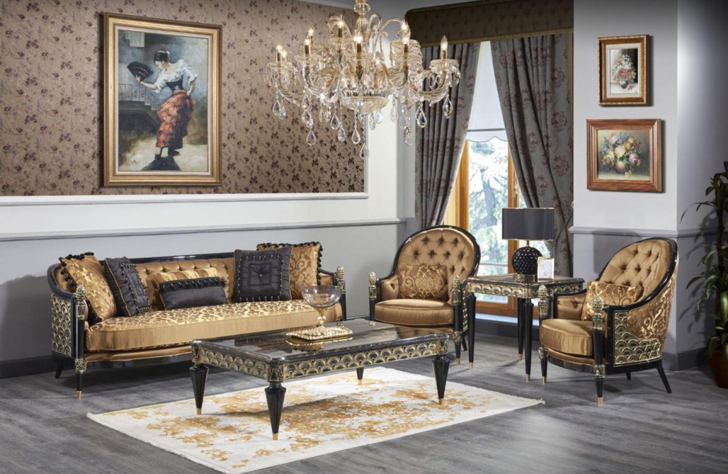 Casa Padrino Luxus Barock Wohnzimmer Set Gold / Schwarz - 1 Sofa & 2 Sessel & 1 Couchtisch & 1 Beistelltisch - Prunkvolle Barock Möbel - Luxus Qualität Bild 1