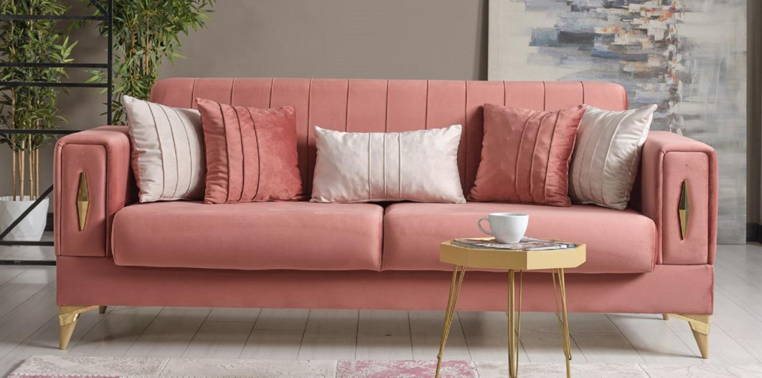 Casa Padrino Luxus Schlafsofa Rosa / Gold 222 x 93 x H. 87 cm - Wohnzimmer Sofa mit 5 Kissen - Luxus Wohnzimmer Möbel Bild 1