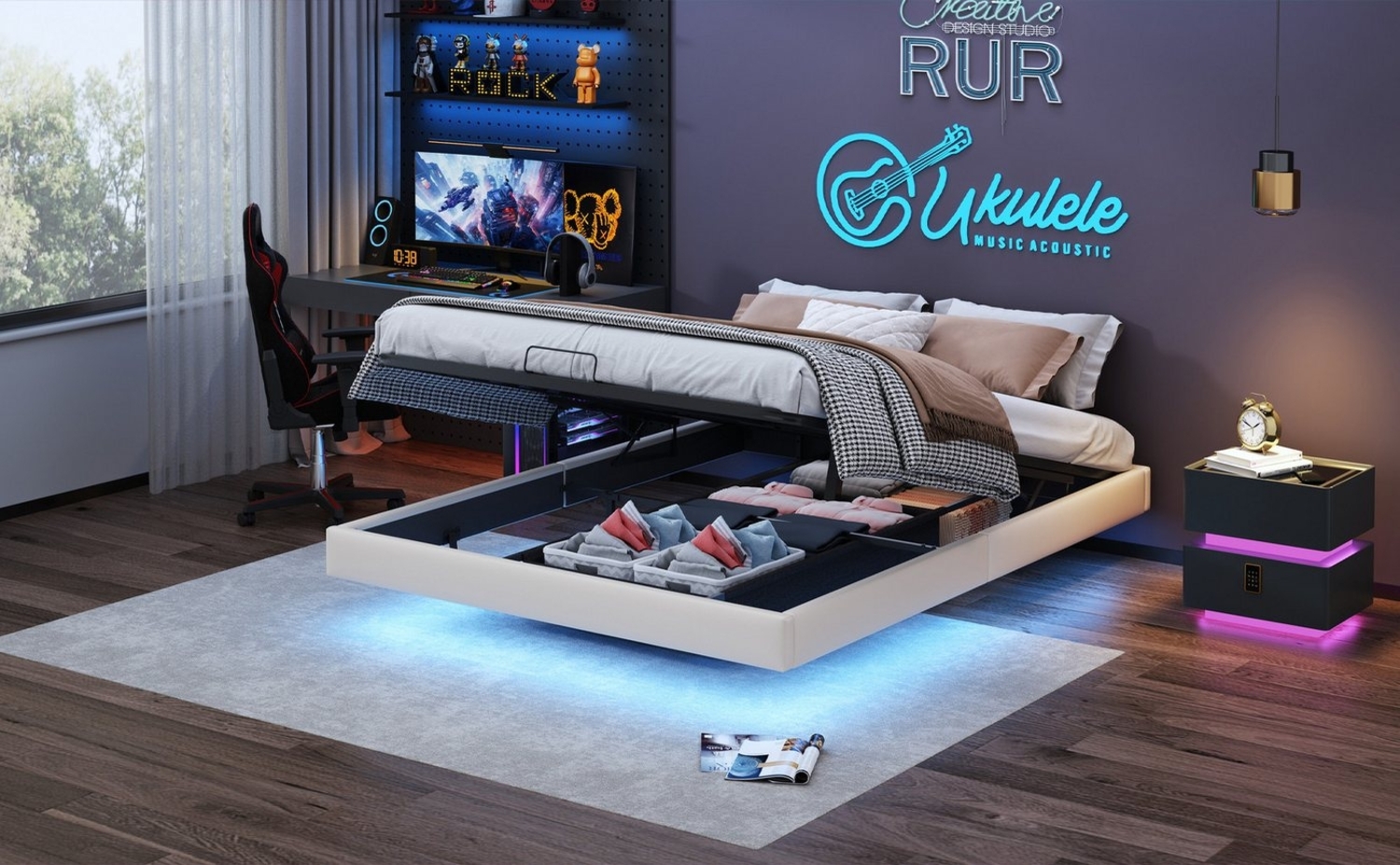 Furnishings Home Polsterbett Stauraumbett Doppelbett Gaming LED (E-sport, Hydraulisch anhebbarer Bettstauraum), Mit LED-Beleuchtung, Ladefunktion, Kunstleder, 160x200 cm Bild 1