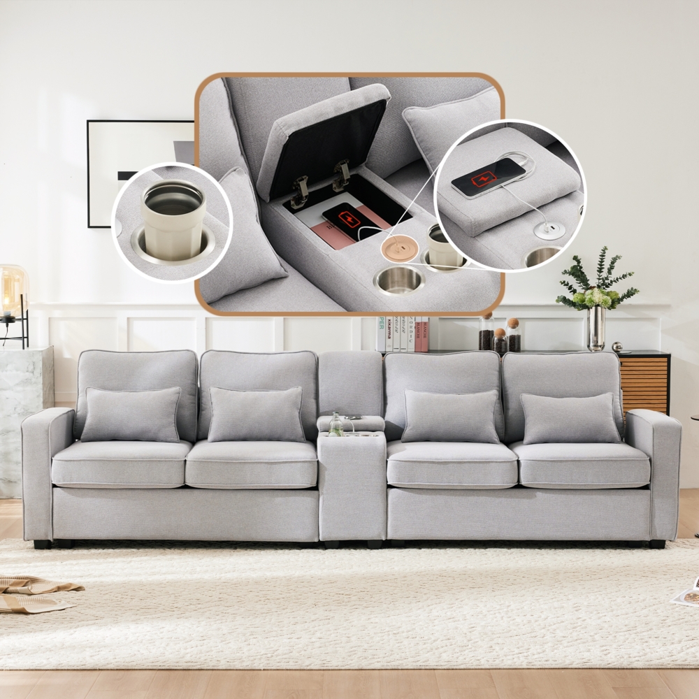 Merax Modernes 4-Sitzer-Extra großes Sofa aus Leinenstoff, Viersitzer-Sofa mit Armlehnentaschen und 4 Kissen, Sofa im einfachen Stil, geeignet für Wohnzimmer, Wohnung, Büro, grau Bild 1