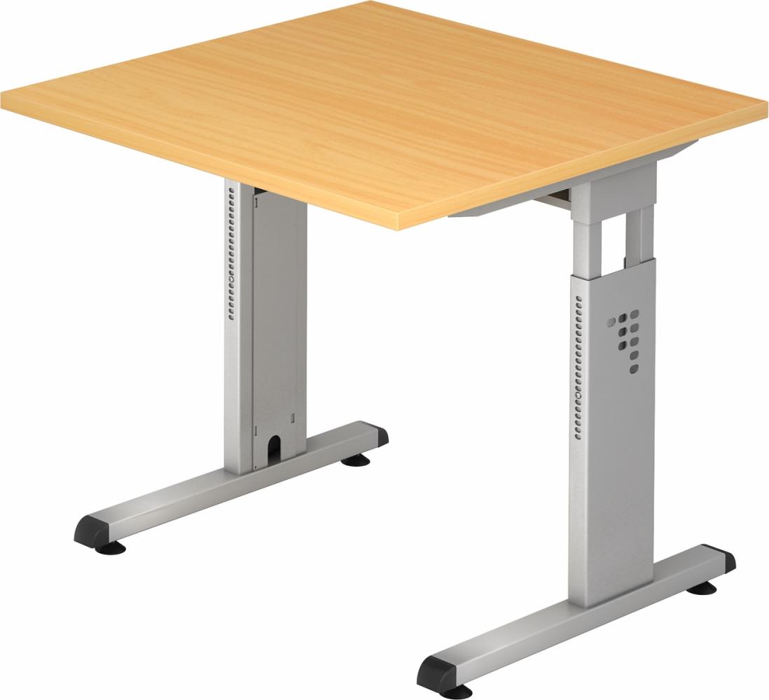 bümö höhenverstellbarer Schreibtisch O-Serie 80x80 cm in Buche, Gestell in Silber - PC Tisch klein für's Büro manuell höhenverstellbar, Computertisch verstellbar, OS-08-6-S Bild 1