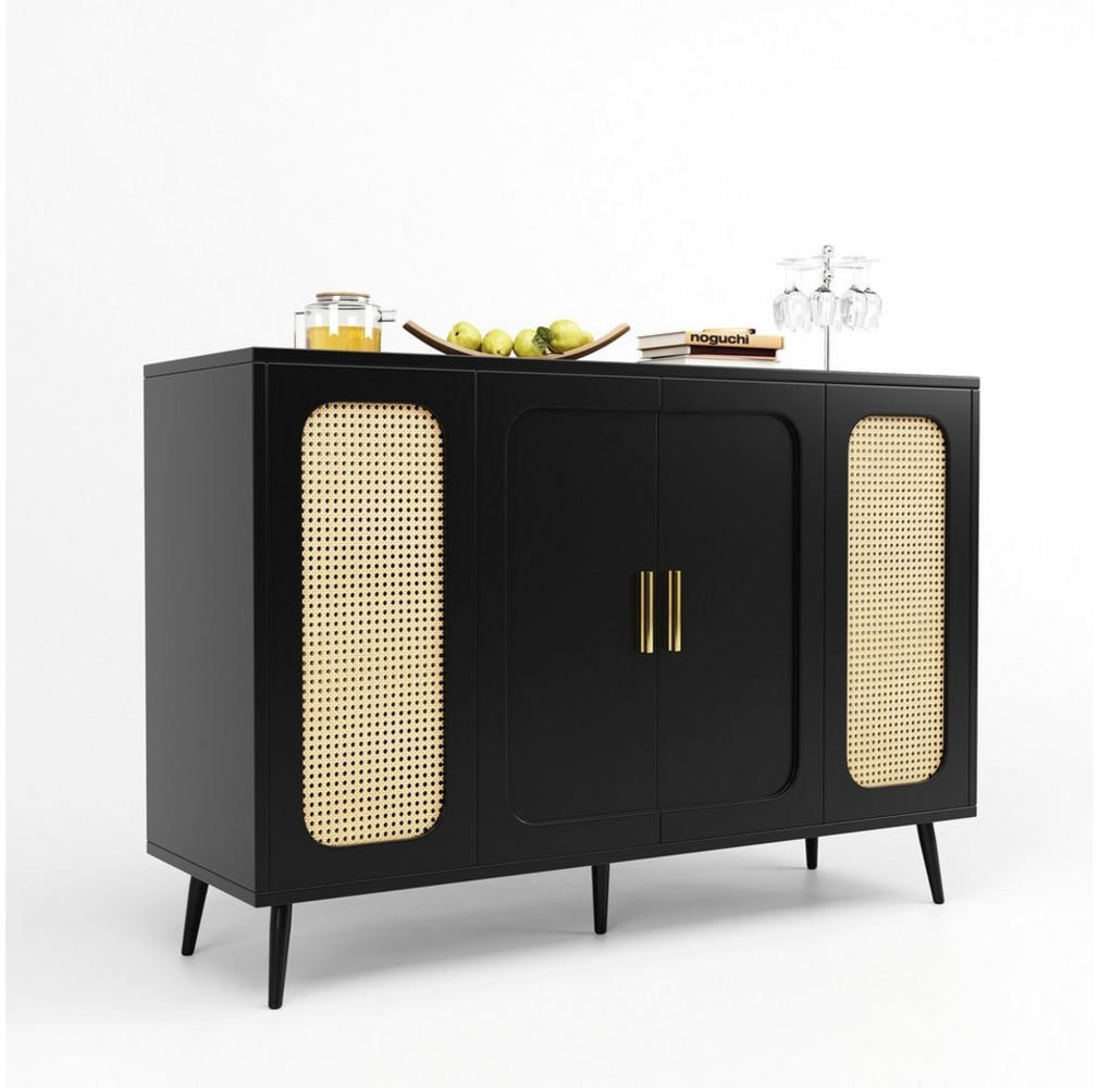 HAUSS SPLOE Sideboard mit Blistertüren, Rattan-Holzschränke Küche Wohnzimmer Schwarz (Rattan-Holzschränke, 1 St, 4 Türen), Rattan-Holzschränke mit Superfächern Bild 1