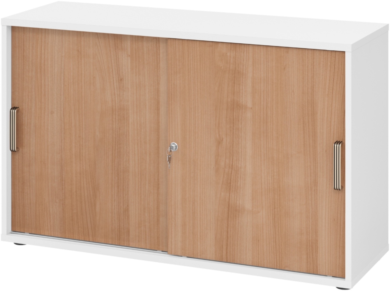 bümö Schiebetürenschrank 2OH - Aktenschrank abschließbar, Sideboard Schrank mit Schiebetüren in Weiß/Nussbaum, Streifengriff - Büroschrank aus Holz mit Schiebetür, Büro Kommode für Ordner & Co, 1752S-W-N-SG Bild 1