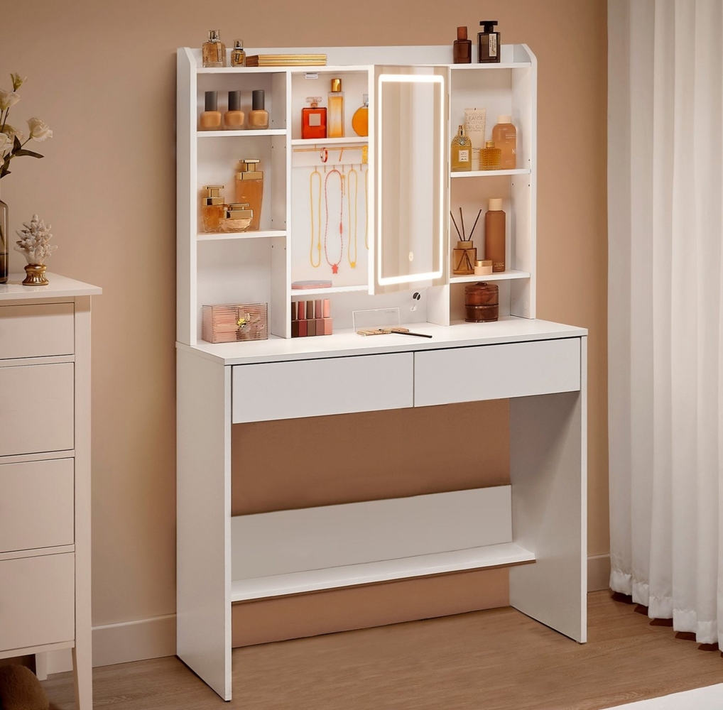 Vasagle Schminktisch mit Spiegel, Schubladen und LED-Beleuchtung, einstellbare Helligkeit, Holzspanplatte weiß, 144,7 x 40 x 90 cm Bild 1