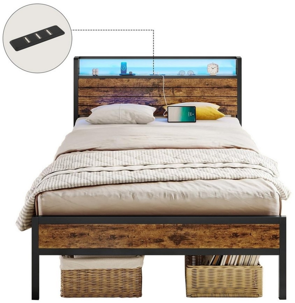 MSMASK Bettgestell Vintage Braun Metallbett mit 3 USB-Anschlüssen und LED Beleuchtung (1-tlg, Ohne Matratze), 90 ×190cm Bild 1