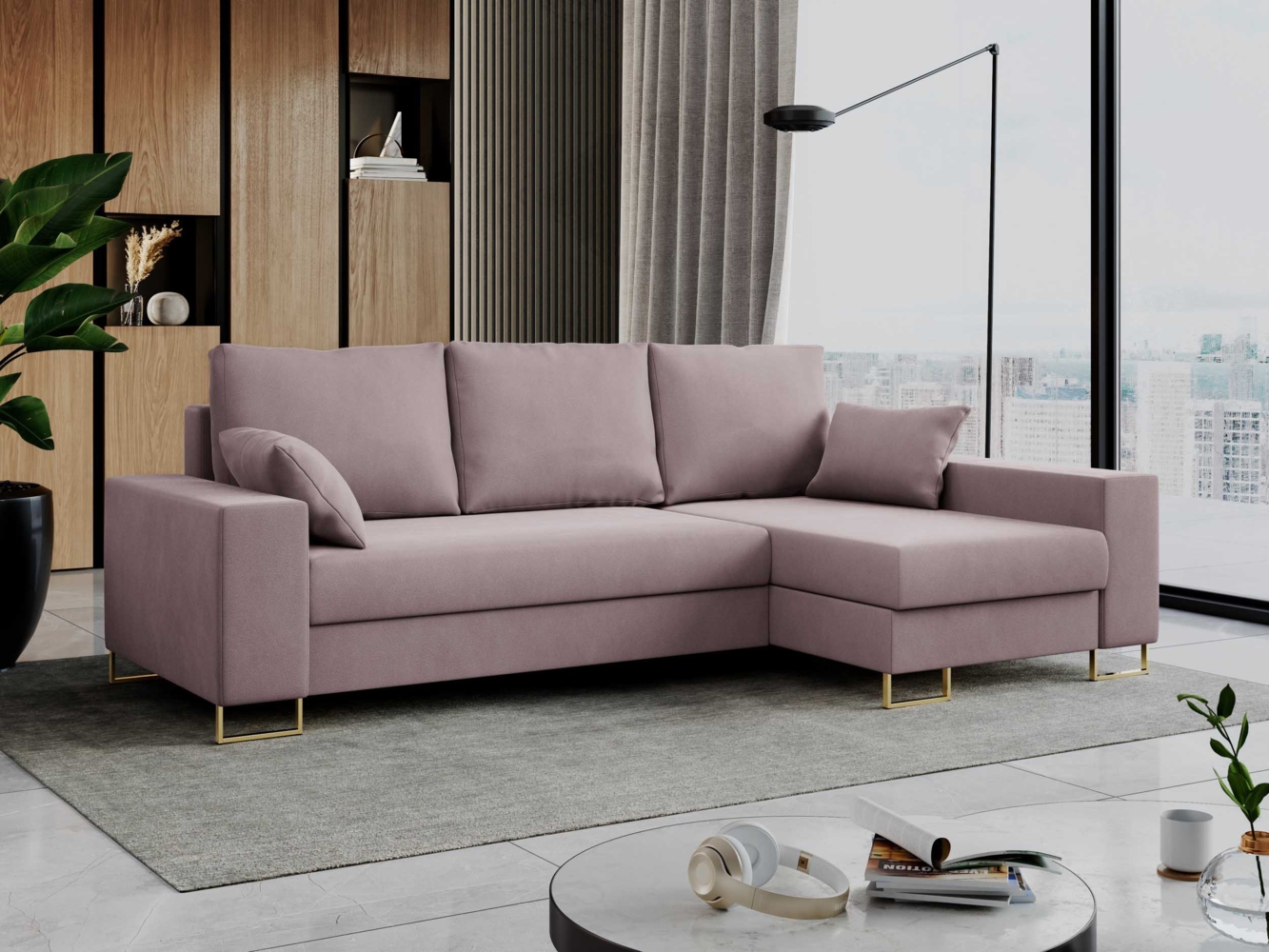 Mks Möbel 'Dorian L-Form' Ecksofa  mit Bettkasten, 242 x 138 x 95 cm, Rosa, Velvet Bild 1