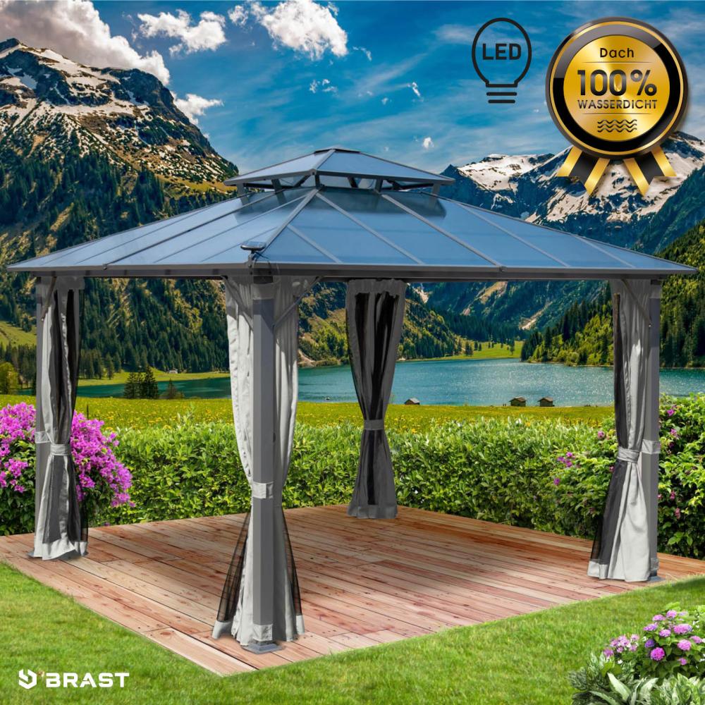 BRAST Pavillon Aluminium Pagode 3,5x3,5m Hellgrau inkl. Moskitonetz + LED festes Dach wasserdicht stabil UV-Schutz Bild 1