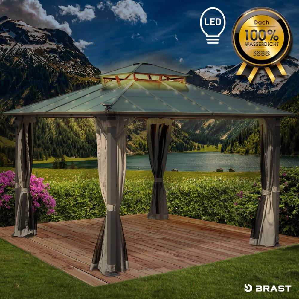 BRAST Pavillon Aluminium Pagode 3,5x3,5m Hellgrau inkl. Moskitonetz + LED festes Dach wasserdicht stabil UV-Schutz Bild 1