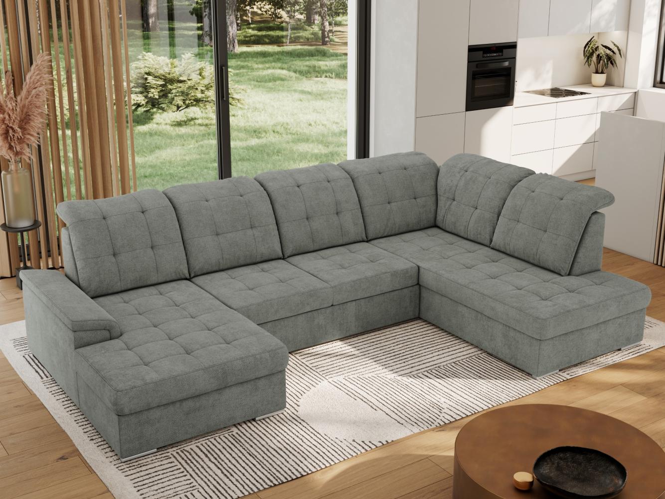 Ecksofa, Wohnzimmer U Couch, Polstersofa mit Bettkasten - MADRITO U - Grau Struktur - Rechts Bild 1