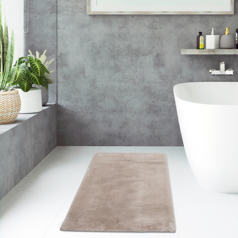 Badezimmerteppich Hochflor Bad - Taupe - 40x60cm - kuschelig weich - waschbar - Badematte Wasserfest Rutschfest Dekoration - Deko Teppich Badvorleger Bild 1