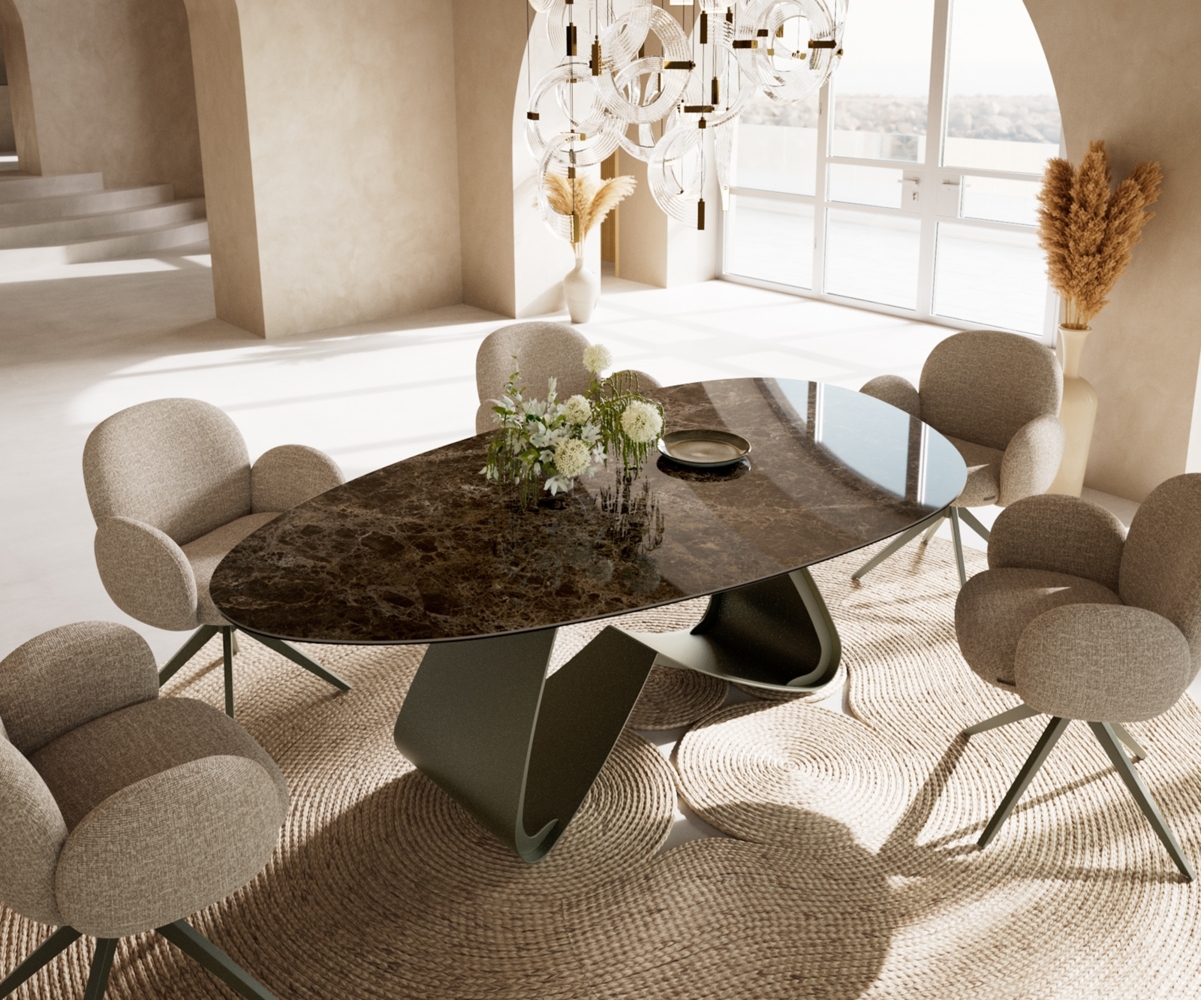 Esstisch Edge Oval 220x120 Keramik Laminam® Emperador Extra Lucidato Dunkelbraun W-Gestell Metall Effektfinish Titan Bild 1