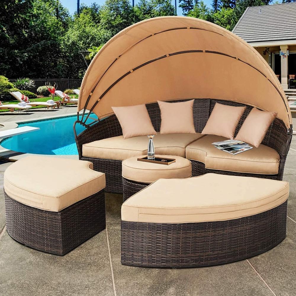 Polyrattan Sonneninsel 180cm Gartenmuschel Sonnenliege Loungebett braun/beige Bild 1