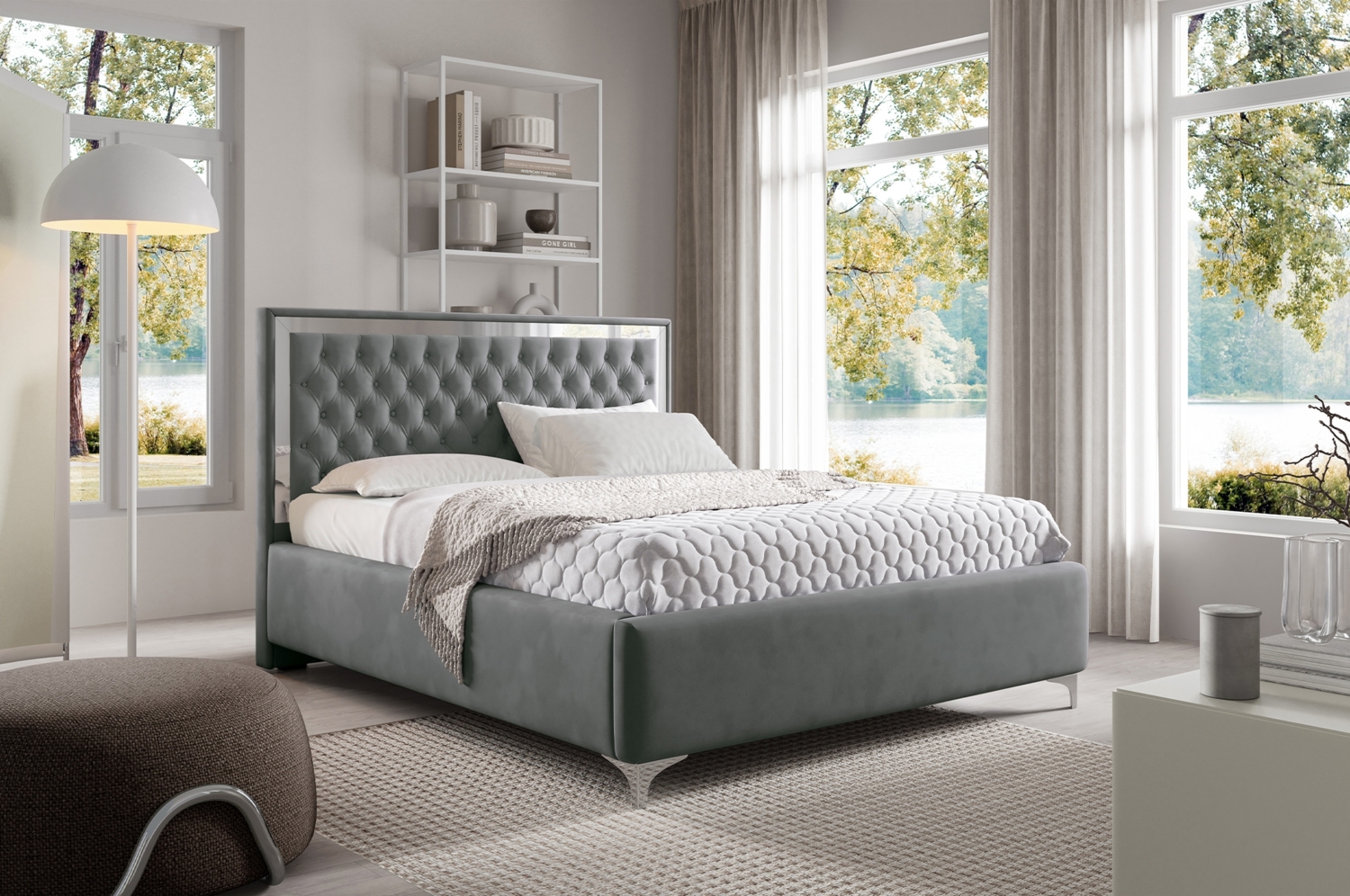 MEBLINI Polsterbett 140x200 mit Lattenrost ohne Matratze – ARONA SILVER – Dunkelgrau Samt – Doppelbett mit Bettkasten - Stauraumbett - Kopfteil Bett mit Stauraum Bild 1