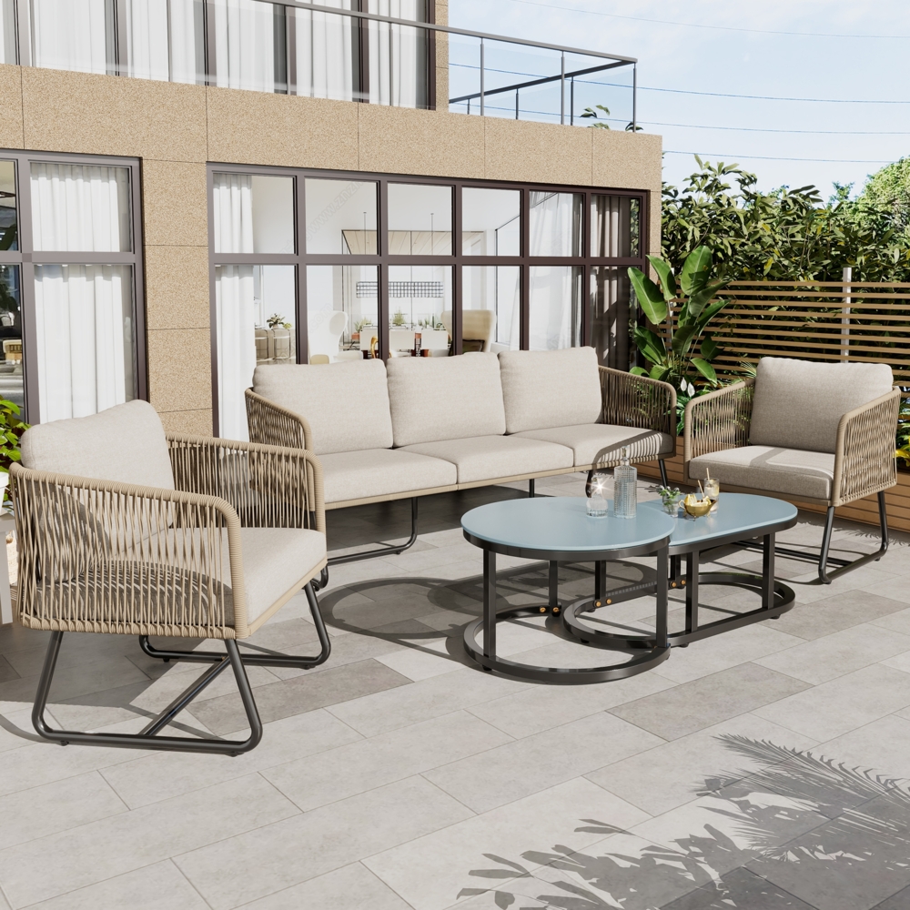 Merax Garten-Lounge-Set mit Rahmen aus verzinktem Eisen, Gartenmöbel-Set aus Seil, verstellbare Füße, Tischplatte aus glattem Glas, 5er-Set, inklusive aller Sitz- und Rückenkissen, Beige Bild 1