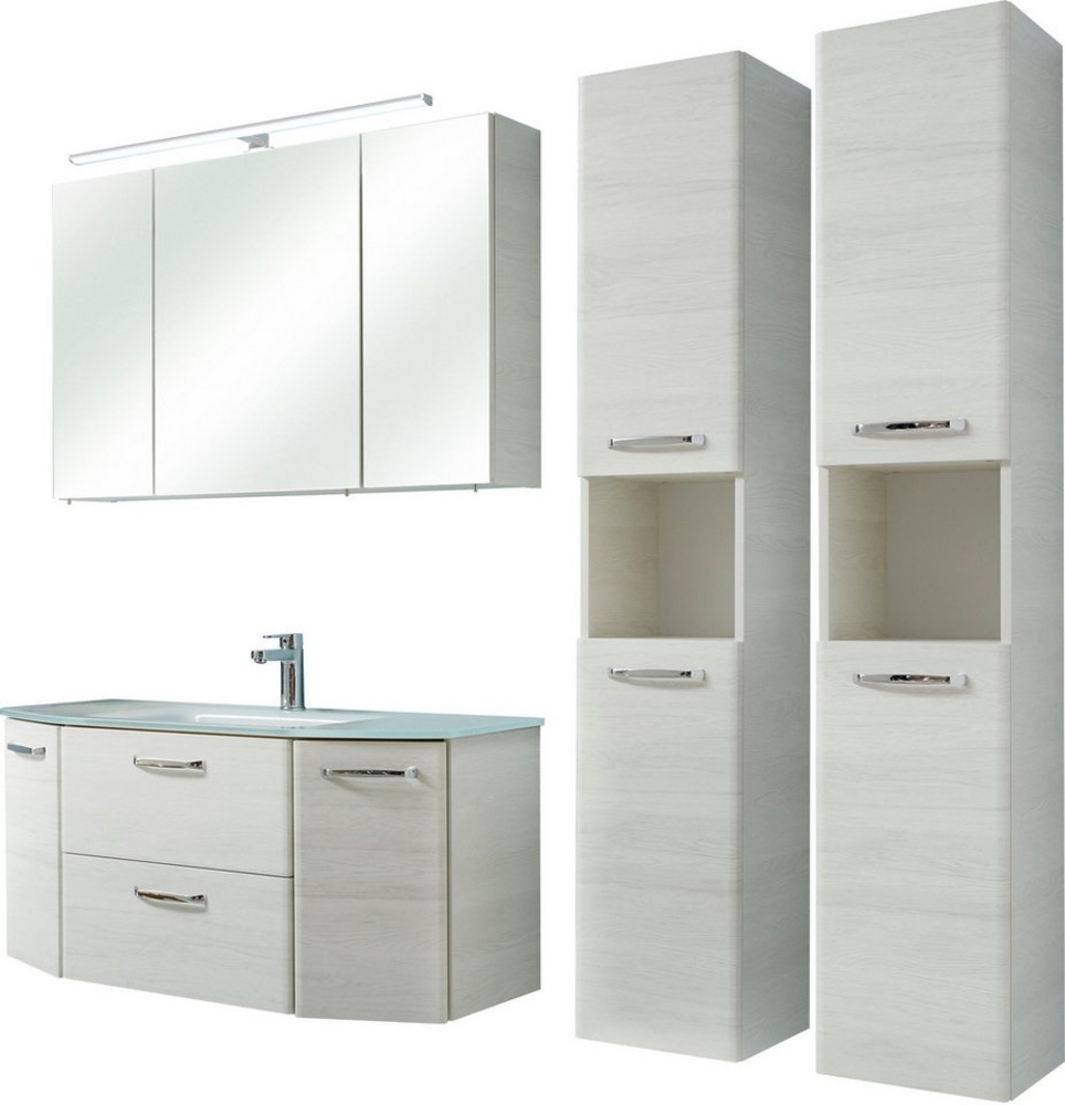 Saphir Badmöbel-Set Quickset 936 4-teilig, Glaswaschtisch und LED-Spiegelschrank, (Set, 4-St), 2 Hochschränke, Eiche Weiß quer Nachbildung, inkl. Türdämpfer, 9 Türen Bild 1