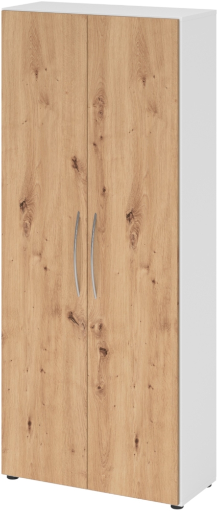bümö Mehrzweckschrank 80cm breit, Aktenschrank o. Schuhschrank hoch, Schrank mit Regal, Küchenschrank in Weiß/Asteiche aus Holz, Vorratsschrank & Haushaltsschrank mit Metallgriffen, 4100-W-R Bild 1