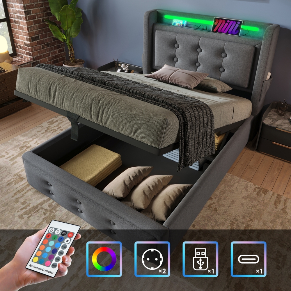 Einzelbett 90x200 cm mit Kopfteil, LED-Beleuchtung, USB Type-C Steckdose, Stauraum & Baumwoll-Leinenbezug,Grau Bild 1