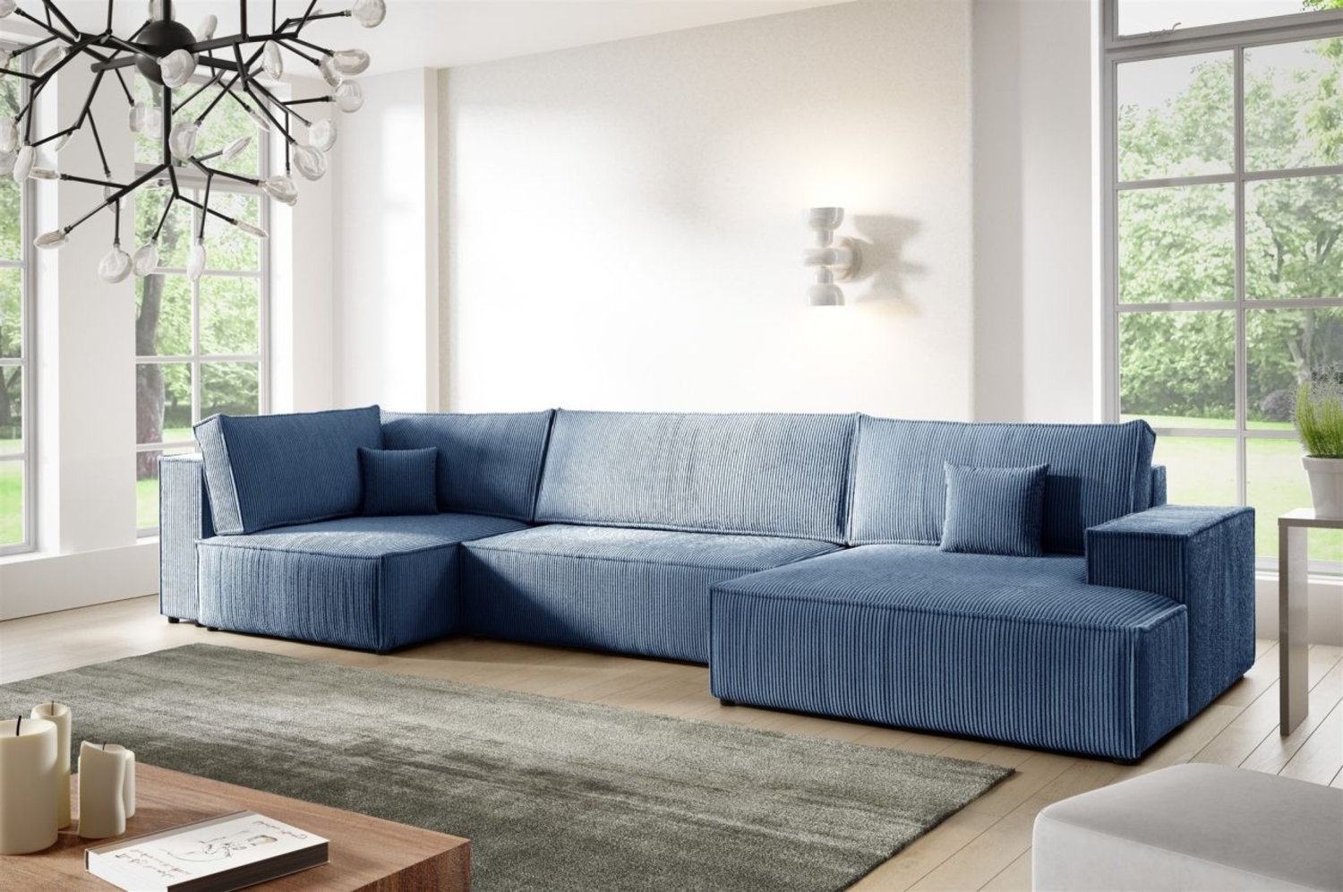 Wohnlandschaft Schlafsofa CORUNIA Stoff Poso Blau Ottomane Rechts Bild 1