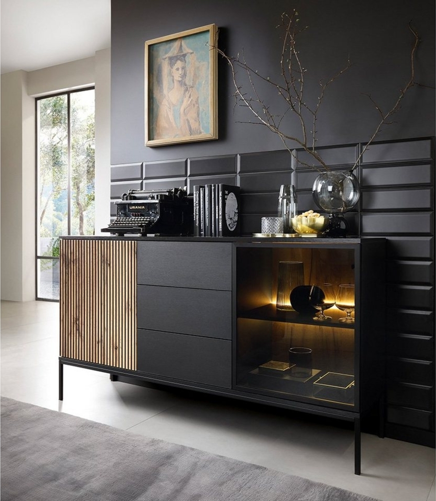 Lomadox Sideboard SIBARI-160, Sideboard in schwarz mit Wotan Eiche Nb, grifflos B/H/T 154/83/39 cm Bild 1