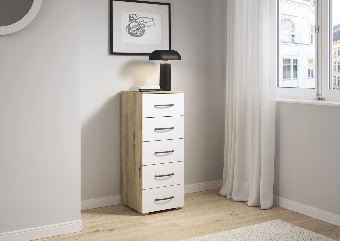 rauch Aditio Box, Kommode, 5 Schubladen, mit Softclose-Funktion, Farbe Weiß/Eiche Artisan, BxHxT 40x100x42cm Bild 1