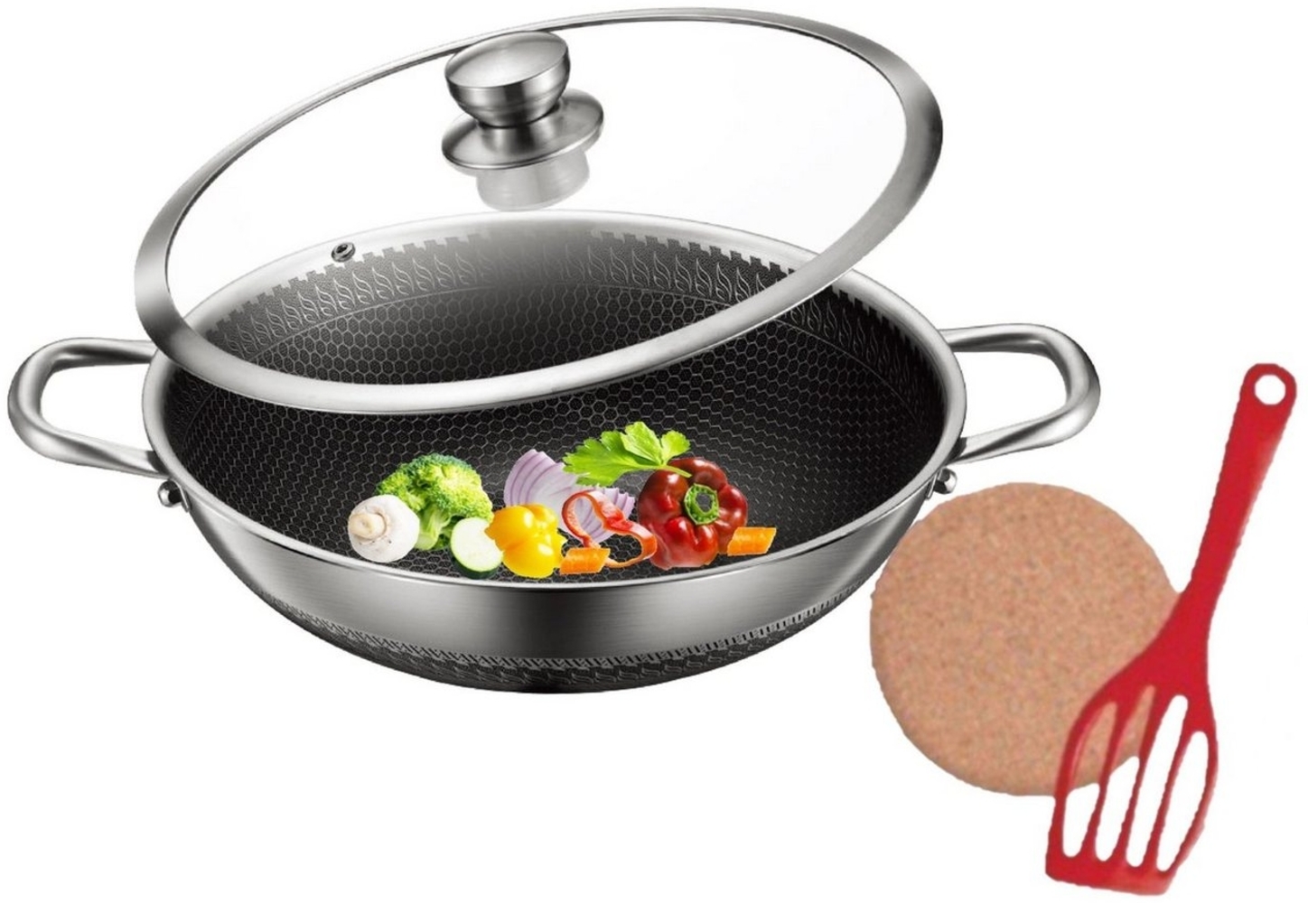 KESSMANN Bratpfanne Edelstahl Wokpfanne 32 cm mit Deckel 4tlg Induktion Schmortopf, Edelstahl (Set, 4-tlg, Inkl. 1 Pfannenwender + 1 Untersetzer Antihaftbeschichtet Kasserolle), Tiegel Asia Bratwok chinesische Wok Fanne Servierpfanne Camping Pfanne Bild 1