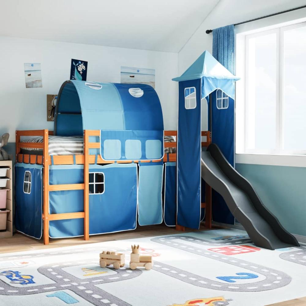 vidaXL Kinderhochbett mit Turm Blau 90x190 cm Massivholz Kiefer 3309171 Bild 1