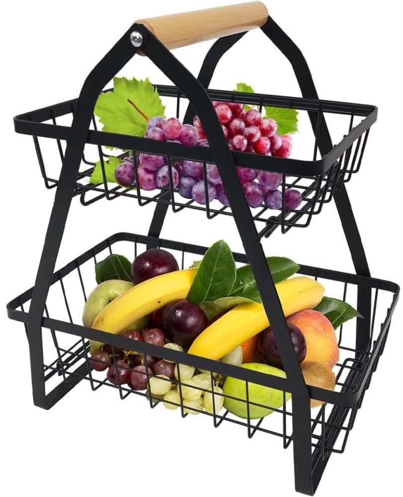 Rhein Beleuchtung Etagere 2-Stöckiger Obstkorb, Abnehmbarer Obstständer, Obstkörbe aus Metall, (obst und gemüse aufbewahrung, Obstständer aus Metall mit Holzgriff), Halten Sie Obst und Gemüse belüftet, um Fäulnis zu vermeiden Bild 1